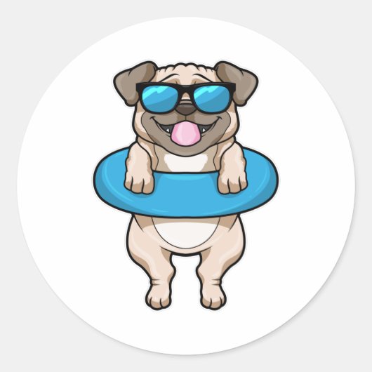 スイミングリング&サングラスで泳ぐ犬 ラウンドシール (正面)