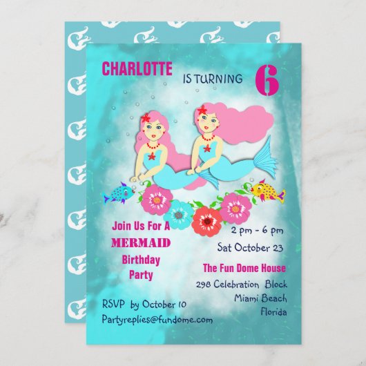 スイミング人魚カガーリーウト誕生日パーティー招待状 招待状 (正面/裏面)