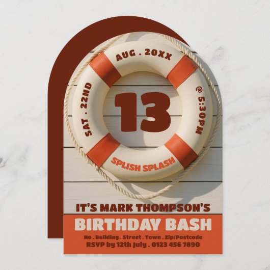 スイミ素朴ンプールドーナツ、プールパーティー誕生日 招待状 (正面/裏面)