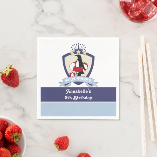 スイムクラブクレストペンギンキッズプール誕生日パーティー スタンダードカクテルナプキン (インサイチュ)