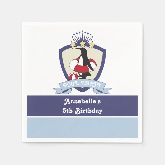 スイムクラブクレストペンギンキッズプール誕生日パーティー スタンダードカクテルナプキン (正面)