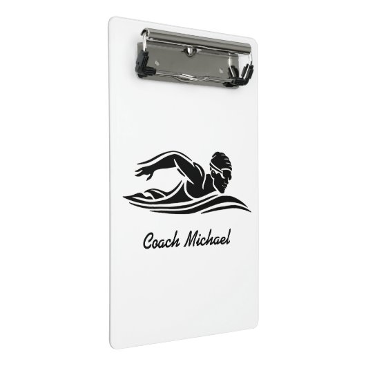 スイムコーチスイミングプール名パーソナライズされたブラック ミニクリップボード (アングル)
