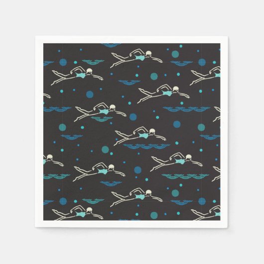 スイムスイミング泳ぐ人パターンブラックバー スタンダードカクテルナプキン (正面)