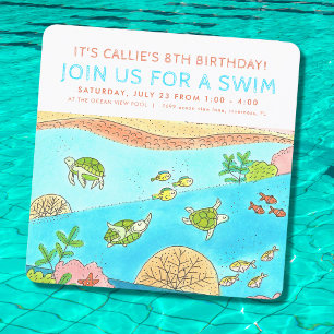 スイムパーティーウミガメ夏誕生日 招待状