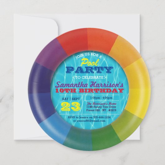 スイムリングや輪サマープールパーティー任意の年齢誕生日 招待状 (正面)