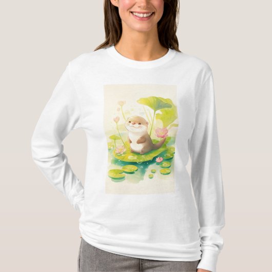 スイレンに佇むカワウソ Tシャツ (正面)