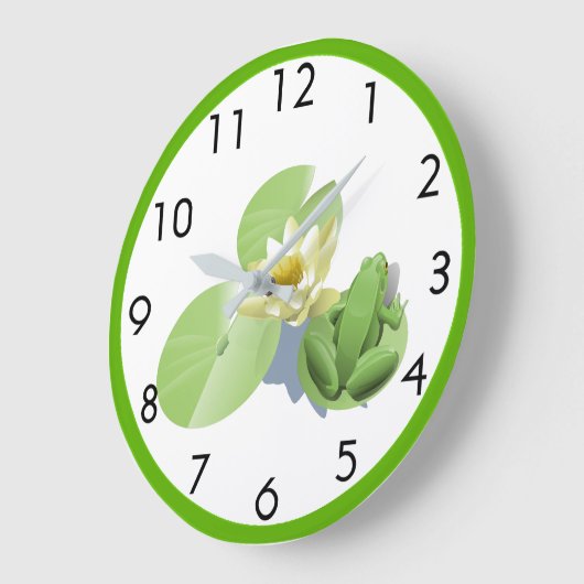 スイレンの浮いている葉に坐っている小さい緑カエル ラージ壁時計 (傾斜)