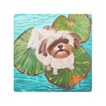 スイレンの浮いている葉のシーズー(犬)のTzuの金属のプリント