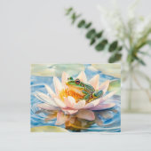 スイレンの花の水色絵を描のカエル ポストカード (スタンド正面)