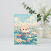 スイレン池で泳ぐかわいいカワウソ ポストカード (スタンド正面)