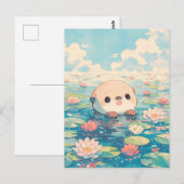 スイレン池で泳ぐかわいいカワウソ ポストカード (正面/裏面)