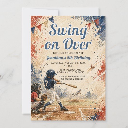 スイングオーバー野球少年 誕生日 スポーツ パーティー 招待状 (正面)