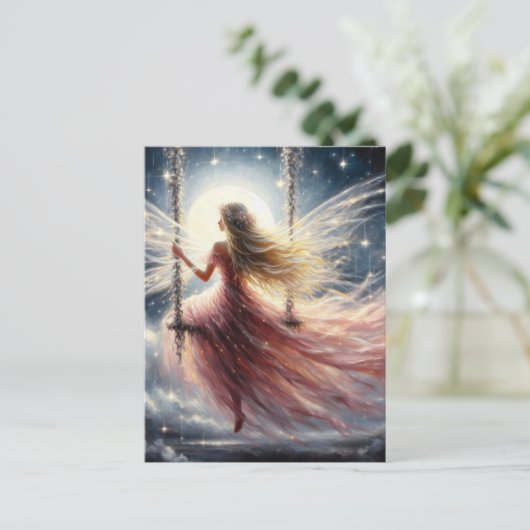 スイングドレスを着たピンクのドレスを着た妖精ファンタジー ポストカード (スタンド正面)