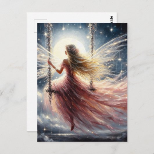 スイングドレスを着たピンクのドレスを着た妖精ファンタジー ポストカード (正面/裏面)