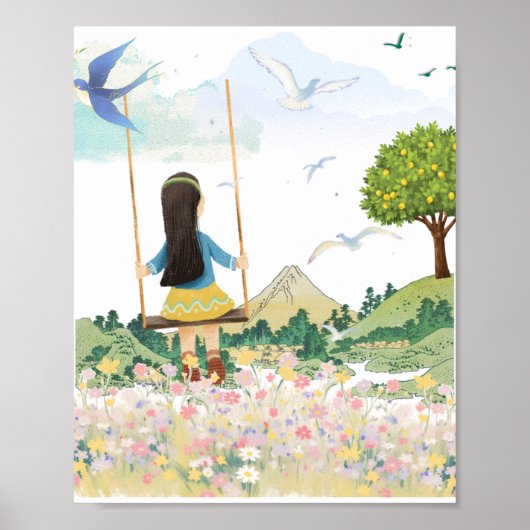 スイング上の少女の美意識ウォールアート - 幻想的な牧場 ポスター (正面)