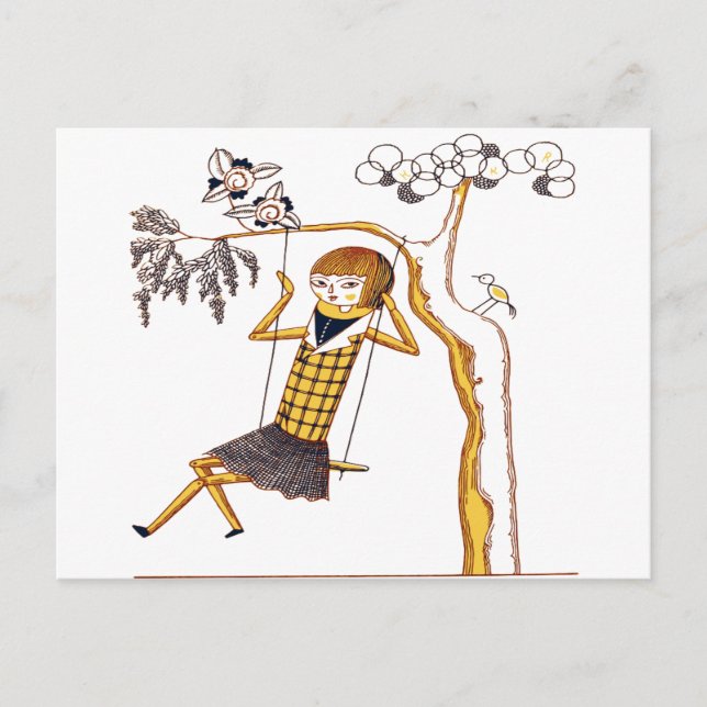 スイング中のかわいい木の人形 ポストカード (正面)