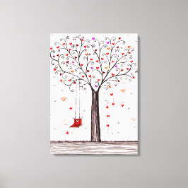 スイング付きロマンチックな赤ブラックインクハートツリー キャンバスプリント