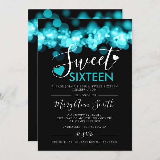 スイーガーリート16バースデーパーティティール（緑がかった色）灯 招待状 (正面/裏面)