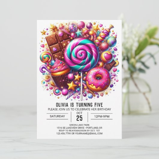 スイーツかわいいキャンディランドデジタル誕生日 招待状 (スタンド正面)