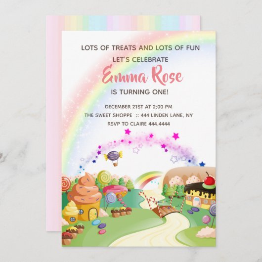 スイーツアンドトリートキャンディランド誕生日 招待状 (正面/裏面)