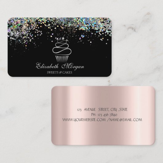 スイーツカップケカラフルーキ紙吹雪、ブラック 名刺 (正面/裏面)