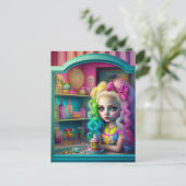 スイーツカラフル店はがき髪の人形 ポストカード (スタンド正面)