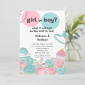 スイーツピンクティール（緑がかった色）ジェンダーが赤ちゃんシャワーを明かす 招待状 (スタンド正面)