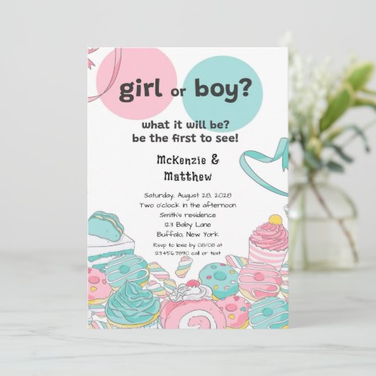 スイーツピンクティール（緑がかった色）ジェンダーが赤ちゃんシャワーを明かす 招待状 (スタンド正面)