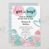 スイーツピンクティール（緑がかった色）ジェンダーが赤ちゃんシャワーを明かす 招待状 (正面/裏面)