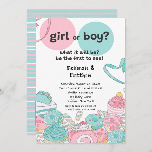 スイーツピンクティール（緑がかった色）ジェンダーが赤ちゃんシャワーを明かす 招待状 (正面/裏面)