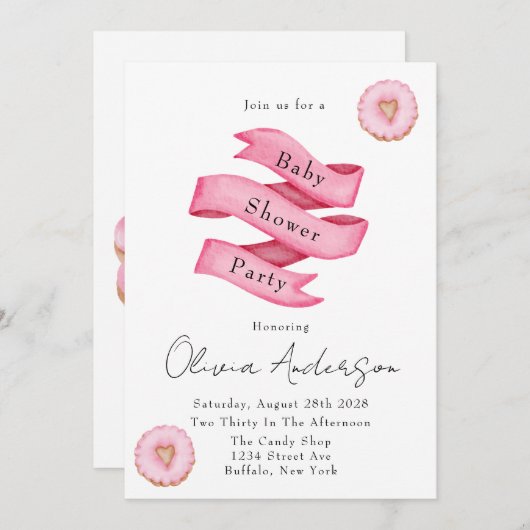 スイーツピンクバナードーナツ赤ちゃんシャワーパーティー 招待状 (正面/裏面)