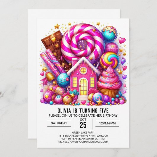 スイーツマジカルキャンディランドデジタル誕生日 招待状 (正面/裏面)