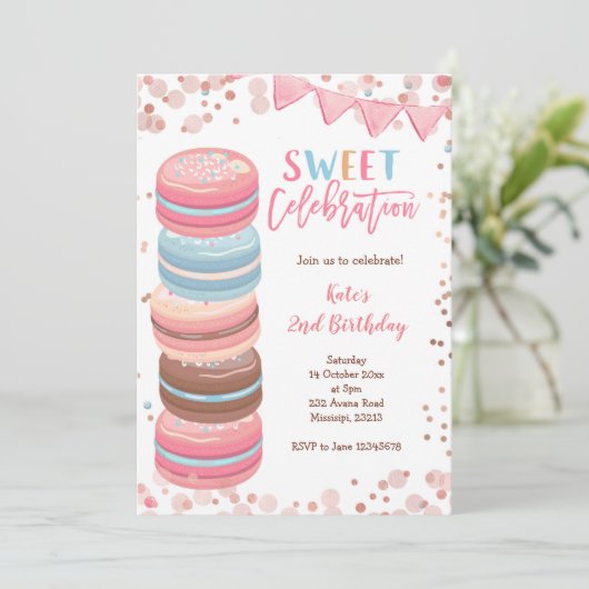 スイートお祝いマカルーンガールバースデーパーティー 招待状 (スタンド正面)