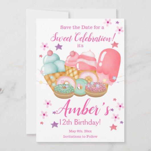 スイートアイスクリーム、ドーナツ誕生日、任意の年齢 セーブザデート (正面)