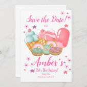 スイートアイスクリーム、ドーナツ誕生日、任意の年齢 セーブザデート (正面/裏面)