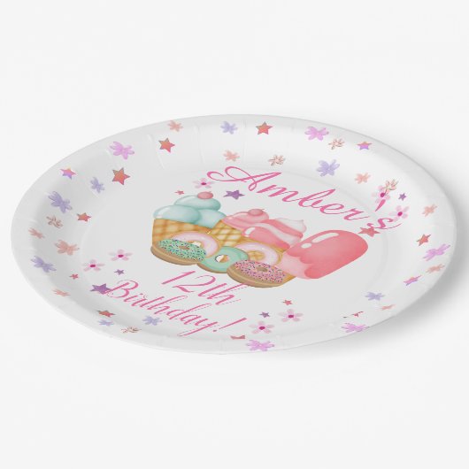 スイートアイスクリーム、ドーナツ誕生日、任意の年齢 ペーパープレート (アングル)