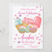 スイートアイスクリーム、ドーナツ誕生日、任意の年齢 招待状 (正面)