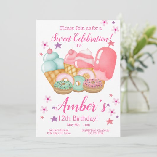 スイートアイスクリーム、ドーナツ誕生日、任意の年齢 招待状 (スタンド正面)