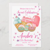 スイートアイスクリーム、ドーナツ誕生日、任意の年齢 招待状 (正面/裏面)