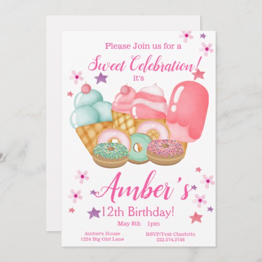 スイートアイスクリーム、ドーナツ誕生日、任意の年齢 招待状 (正面/裏面)