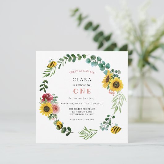 スイートアズビーズピンクヒマワリ誕生日 招待状 (スタンド正面)