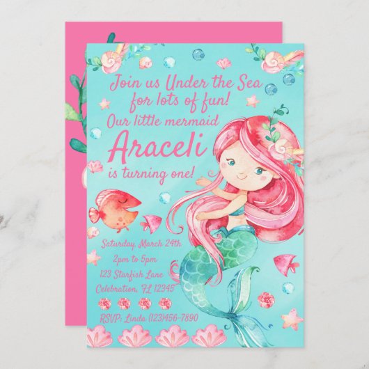 スイートアンダーザシーピンクマーメイドガールズ誕生日 招待状 (正面/裏面)
