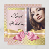 スイートアンドファブルースピンク金ゴールドきらめく誕生日 招待状 (正面/裏面)