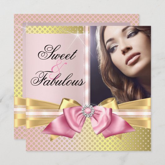 スイートアンドファブルースピンク金ゴールドきらめく誕生日 招待状 (正面/裏面)