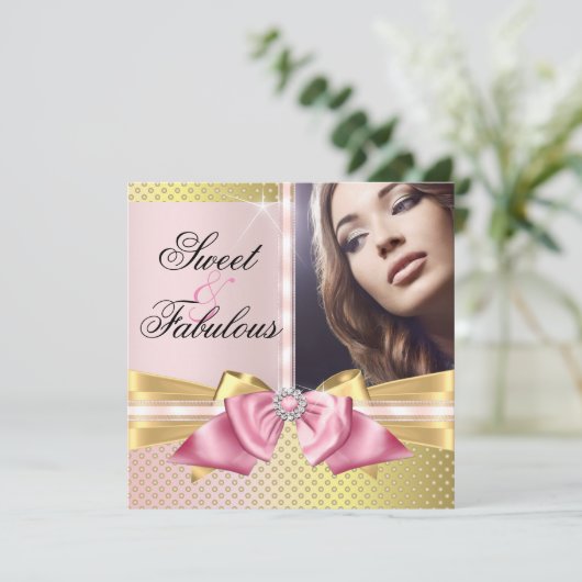 スイートアンドファブルースピンク金ゴールドきらめく誕生日 招待状 (スタンド正面)