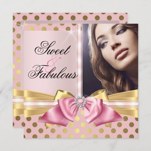 スイートアンドファブルースピンク金ゴールド水玉模様誕生日 招待状 (正面/裏面)