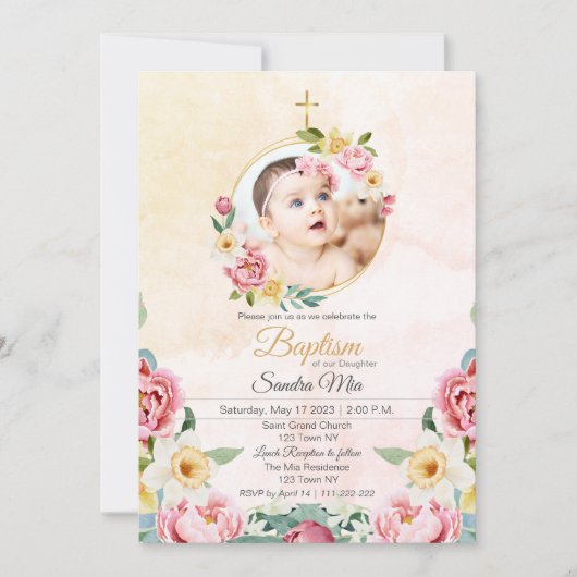 スイートイエローピンクフラワーガーデンバプテスマ招待状 招待状 (正面)