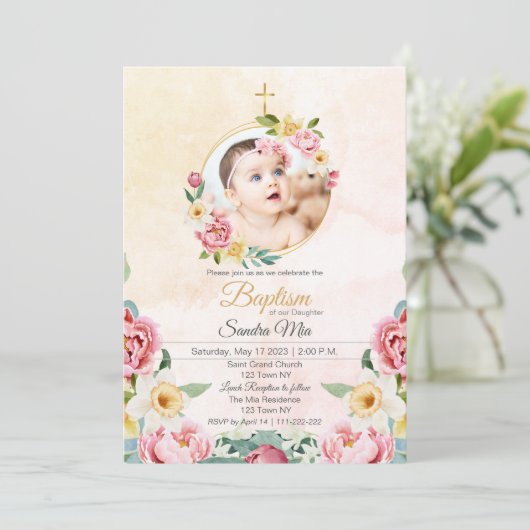 スイートイエローピンクフラワーガーデンバプテスマ招待状 招待状 (スタンド正面)