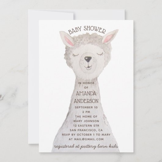 スイートウォーターカラーのアルパカの動物のラマベビーシャワー 招待状 (正面)