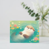 スイートウォーターカラーのカワウソの花咲く池 ポストカード (スタンド正面)